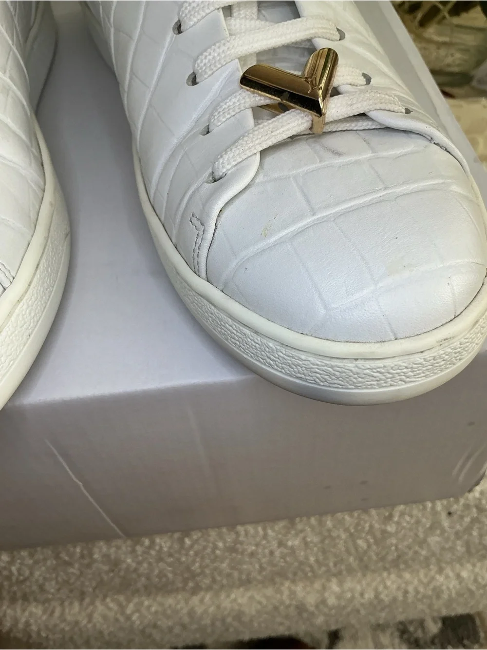 Louis Vuitton White Croc-Embossed Sneakers with Gold V Accents